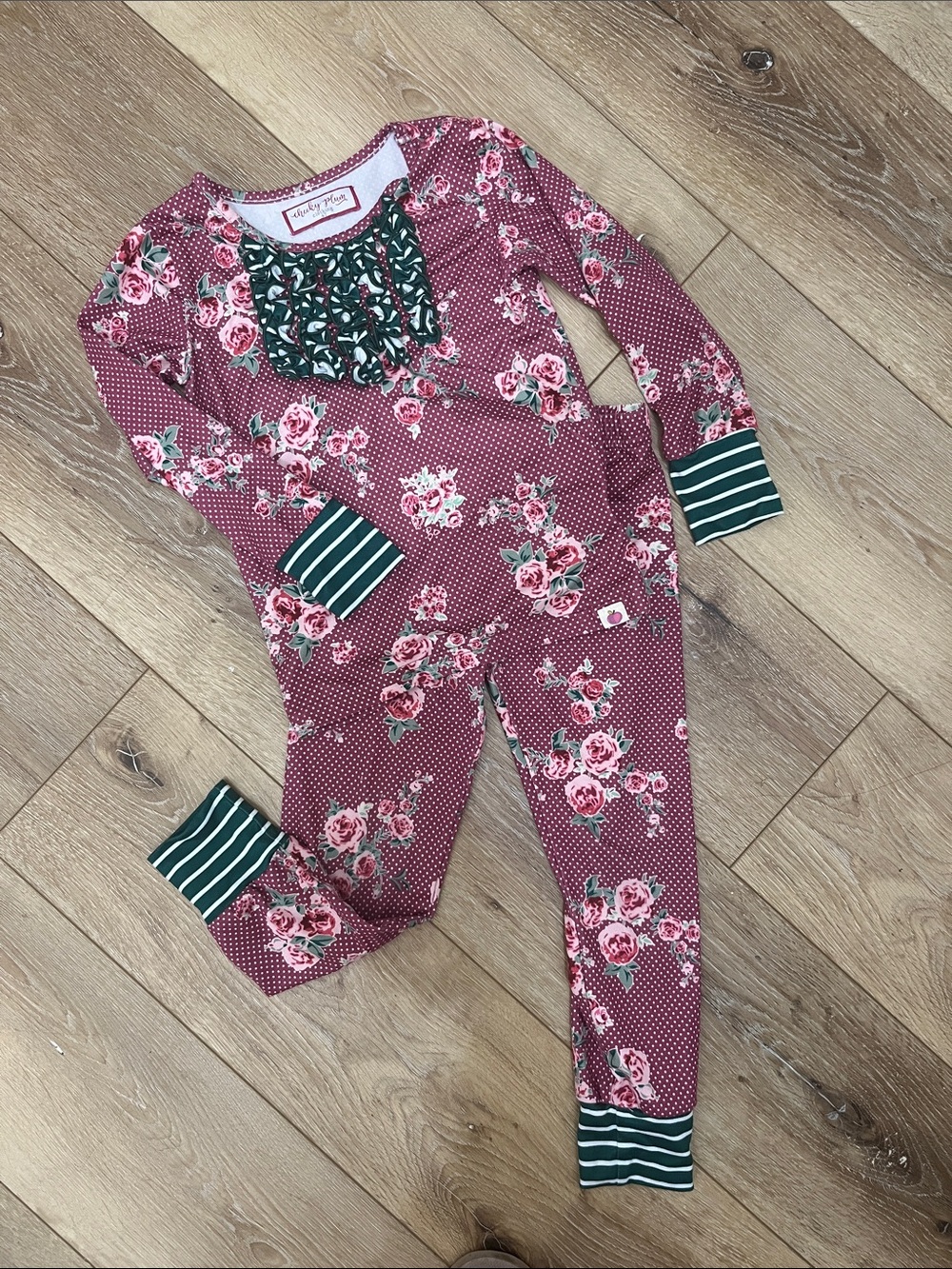 Cheeky Plum Floral Pajama set with Green Stripe Trim 4T